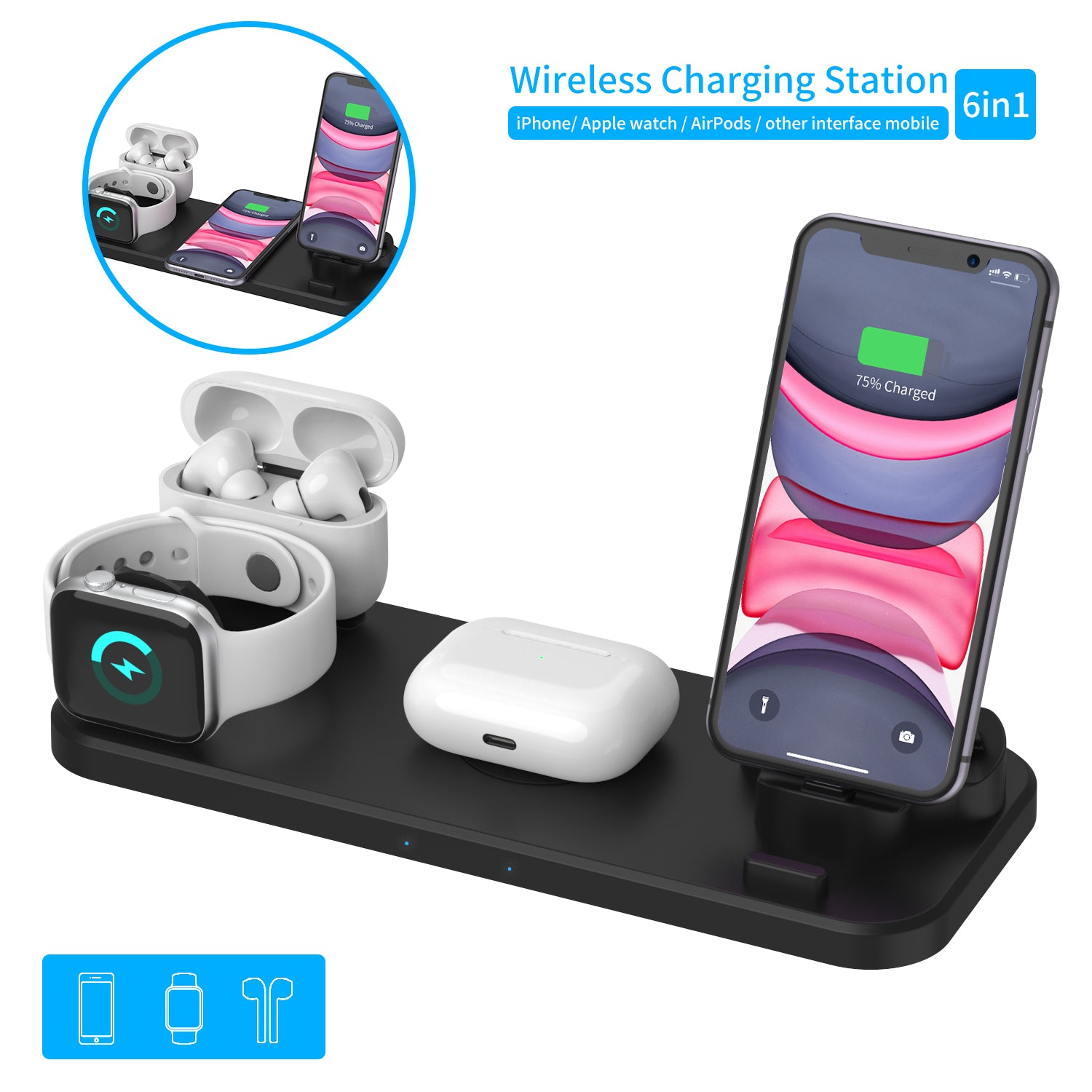 6 in 1 Wireless Fast Charging Charger for Phone Watch Headset 6 in 1 Wireless Fast Charging Charger for Phone Watch Headset